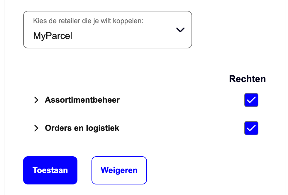 Het autorisatiescherm van bol: kies de retailer en zie daaronder de groepen Assortimentbeheer en Orders en logistiek met hun rechten.
