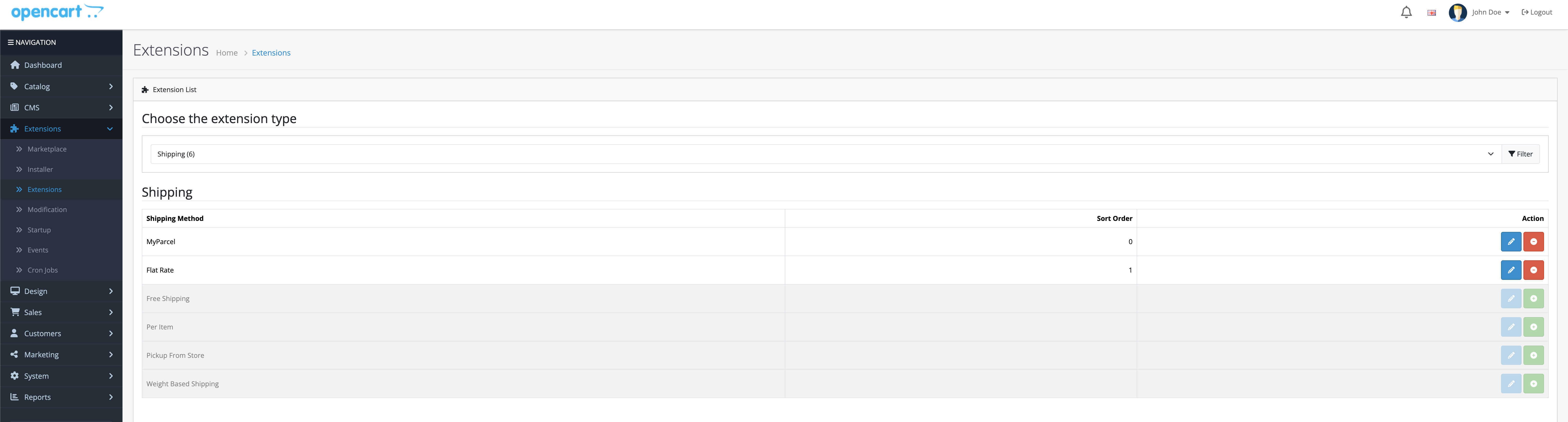 The Extensions list filtered on Shipping, with MyParcel installed at the top.