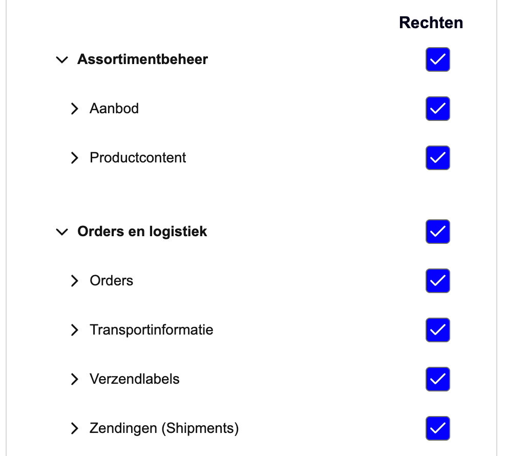Hetzelfde scherm met beide groepen uitgeklapt: Aanbod, Productcontent, Orders, Transportinformatie, Verzendlabels en Zendingen.