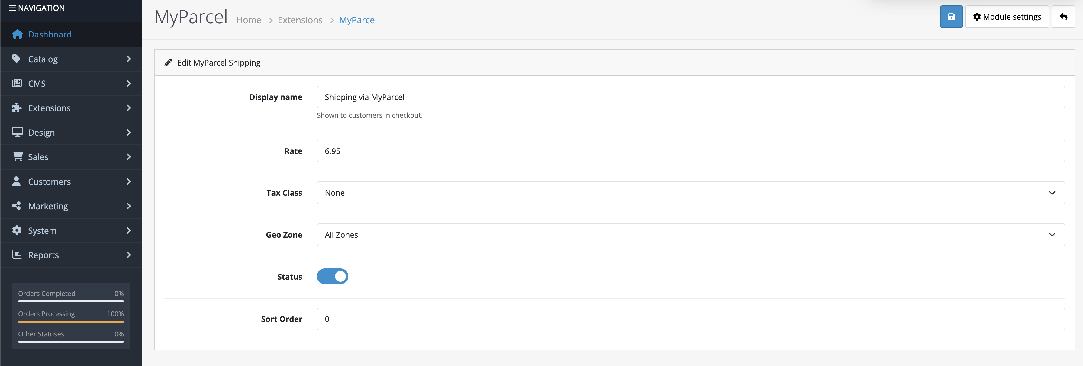 The MyParcel shipping method: Display name, Rate, Tax Class, Geo Zone, Status and Sort Order.