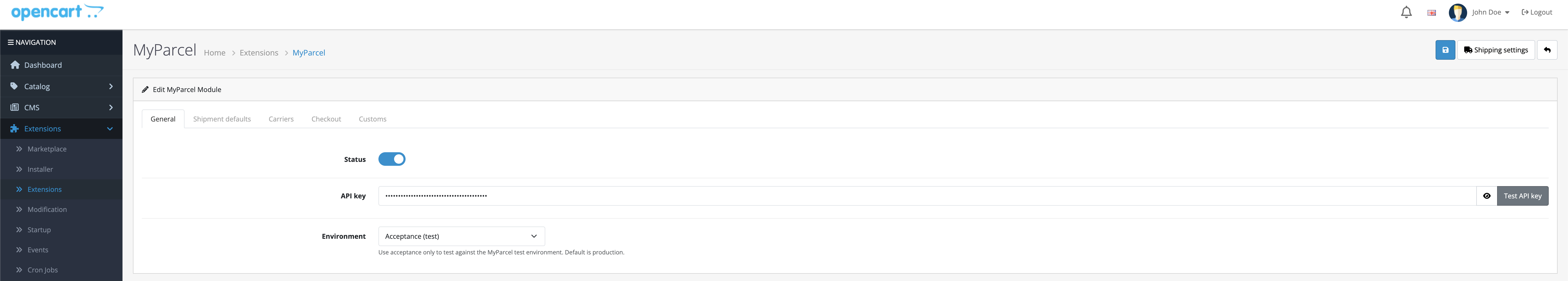 The General tab with Status, API key, the Test API key button and the Environment selector.