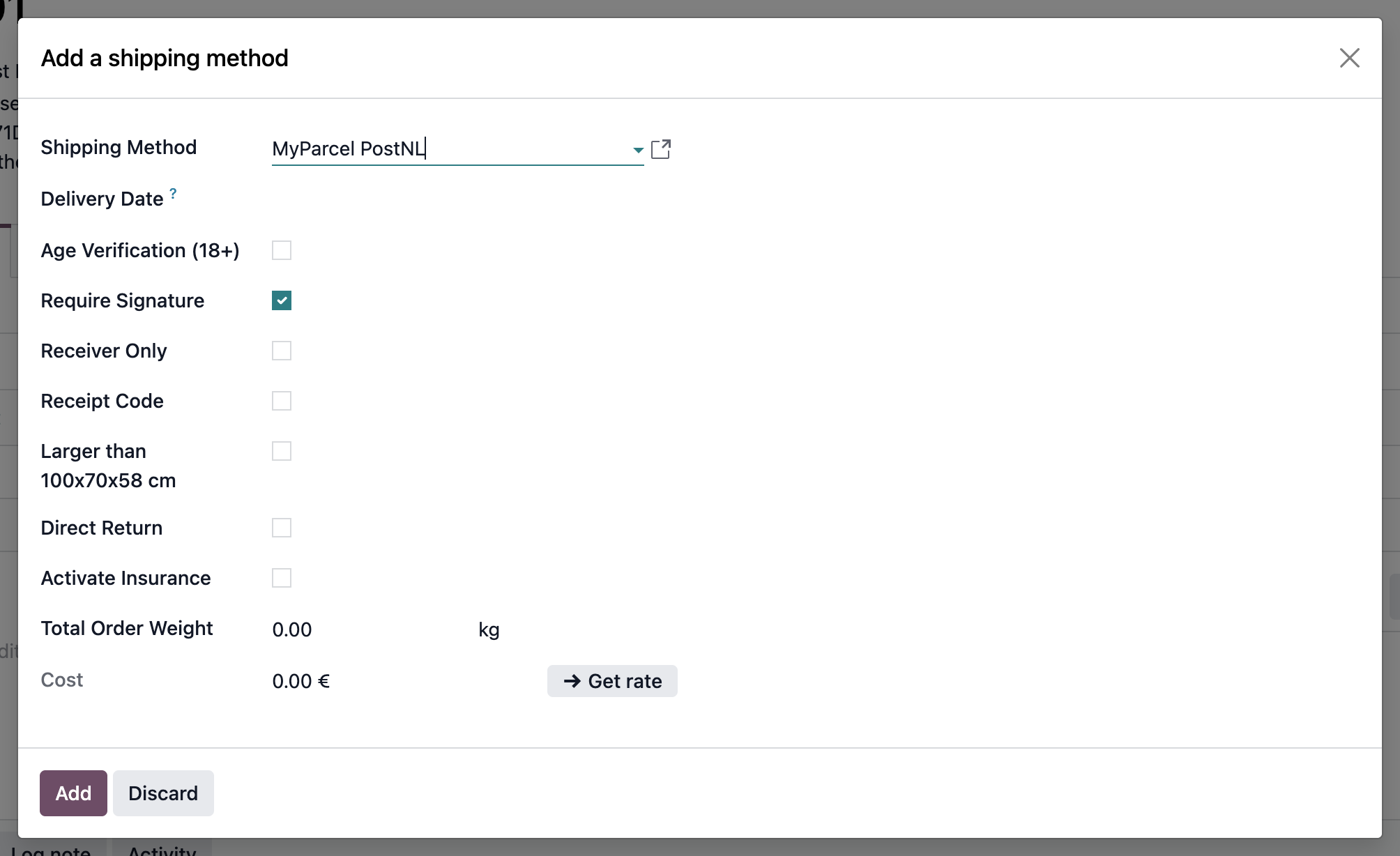 Het venster Add a shipping method met de MyParcel-opties voor PostNL en de knop Get rate.