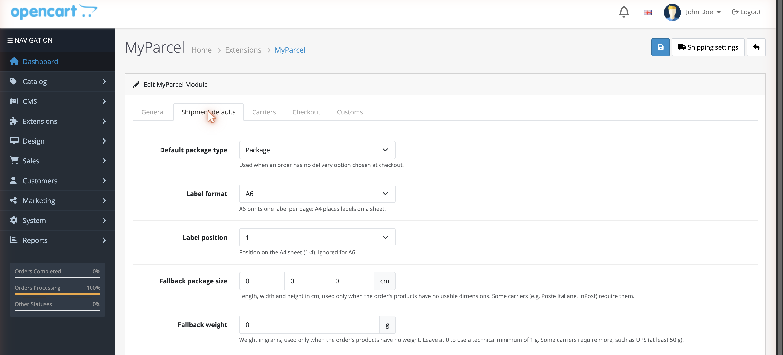 The Shipment defaults tab: default package type, label format, label position, fallback size and fallback weight.