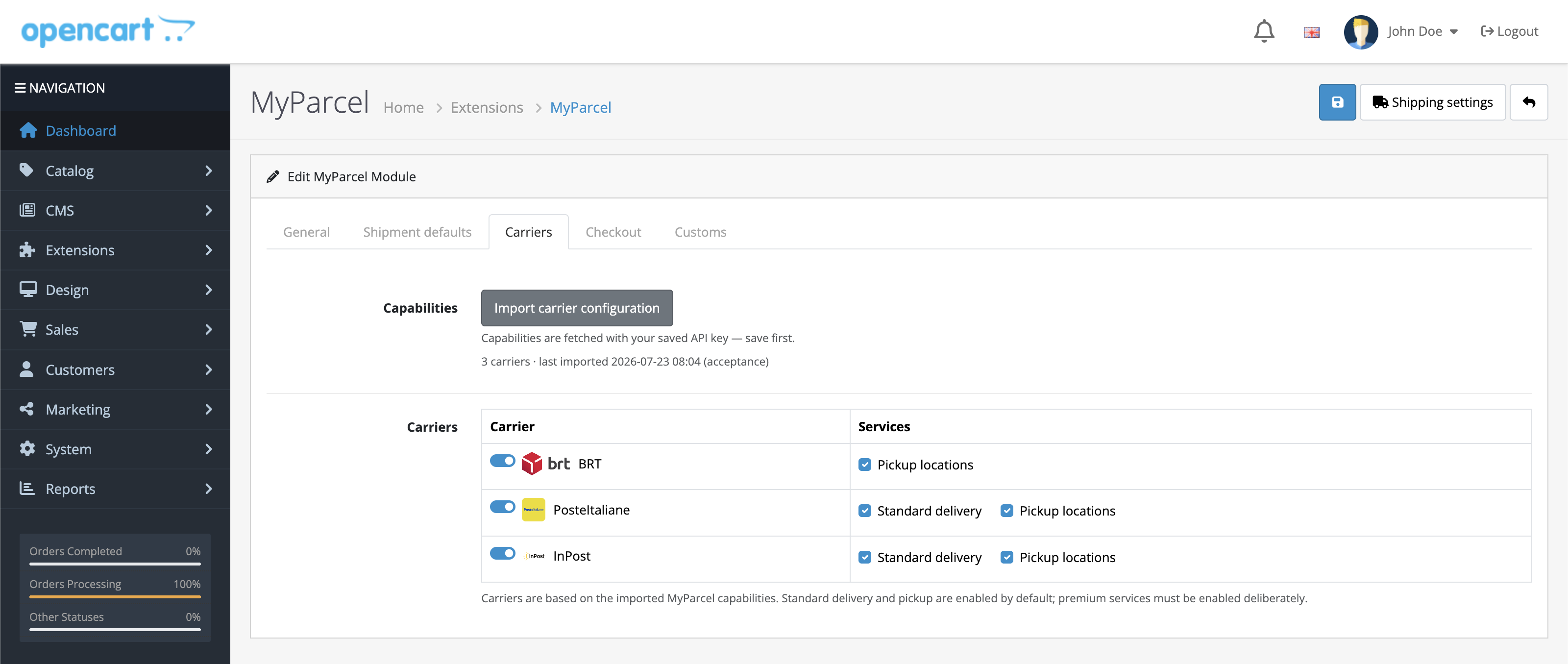 The Carriers tab with the Import carrier configuration button and per-carrier service toggles.