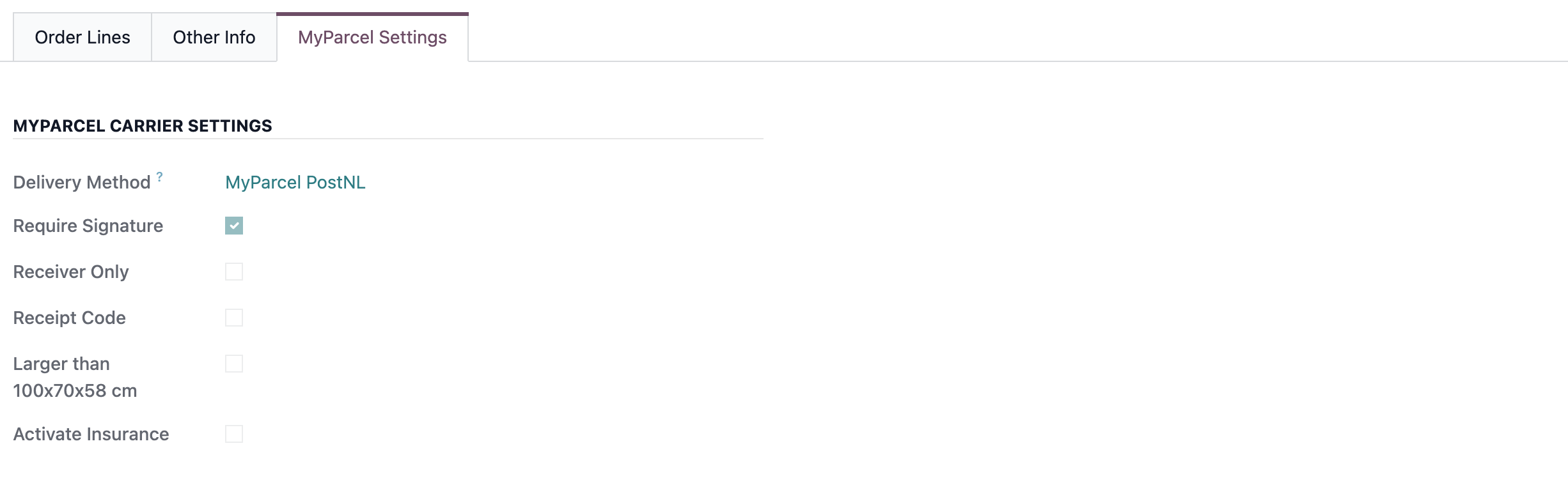 Het tabblad MyParcel Settings op een verkooporder, met de gekozen verzendmethode en opties.