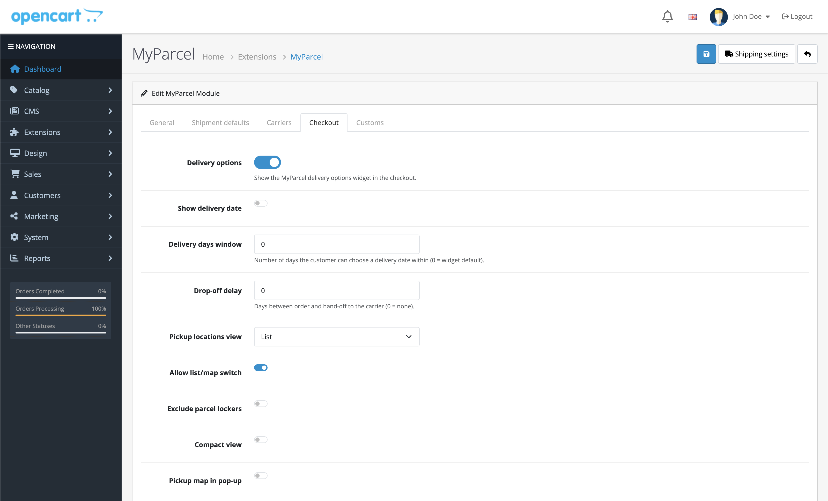 The Checkout tab with the delivery options widget settings.