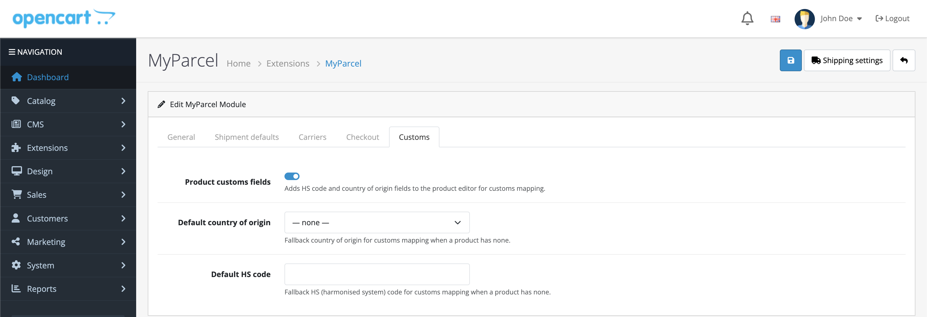 The Customs tab: product customs fields toggle, default country of origin and default HS code.