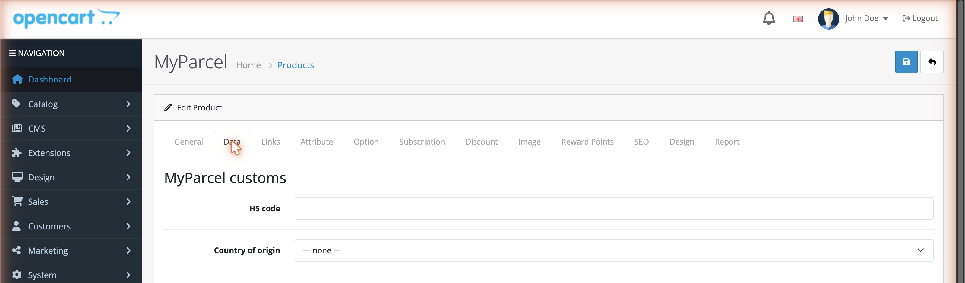 The MyParcel customs section at the top of the product Data tab, with HS code and Country of origin.