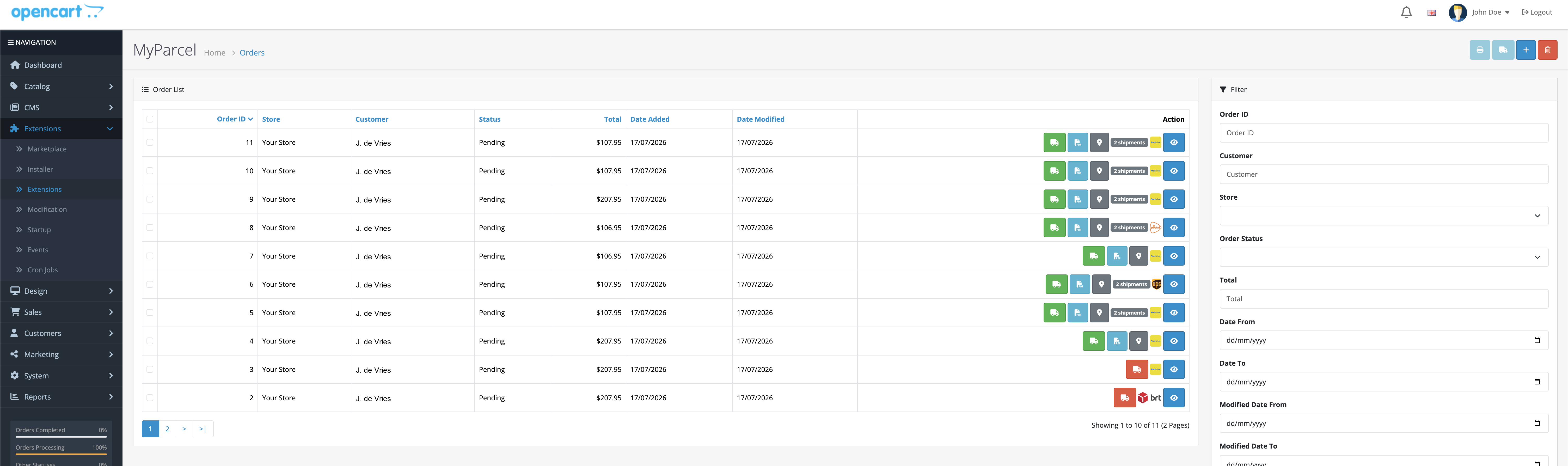 The orders list with the MyParcel export, label, pickup and view buttons per row.