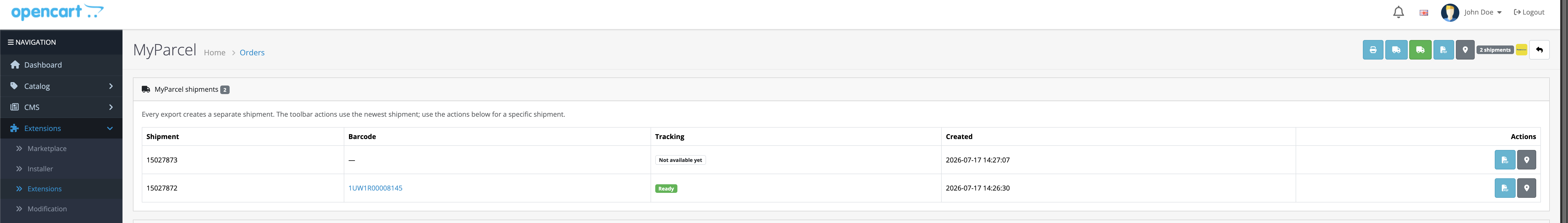 The MyParcel shipments panel on the order detail page, listing each shipment with its barcode and tracking status.