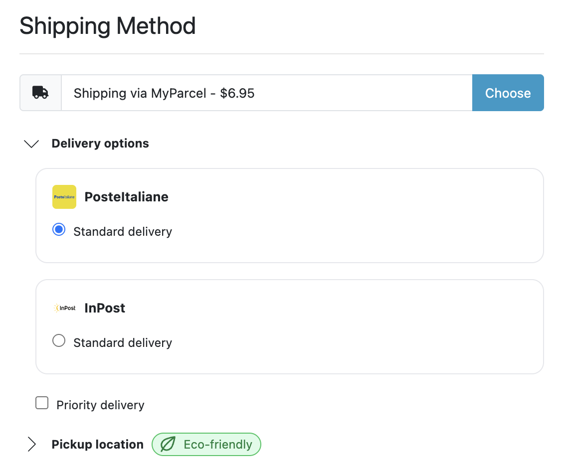 The delivery options in the checkout: carriers with standard delivery, priority delivery and a pickup location.