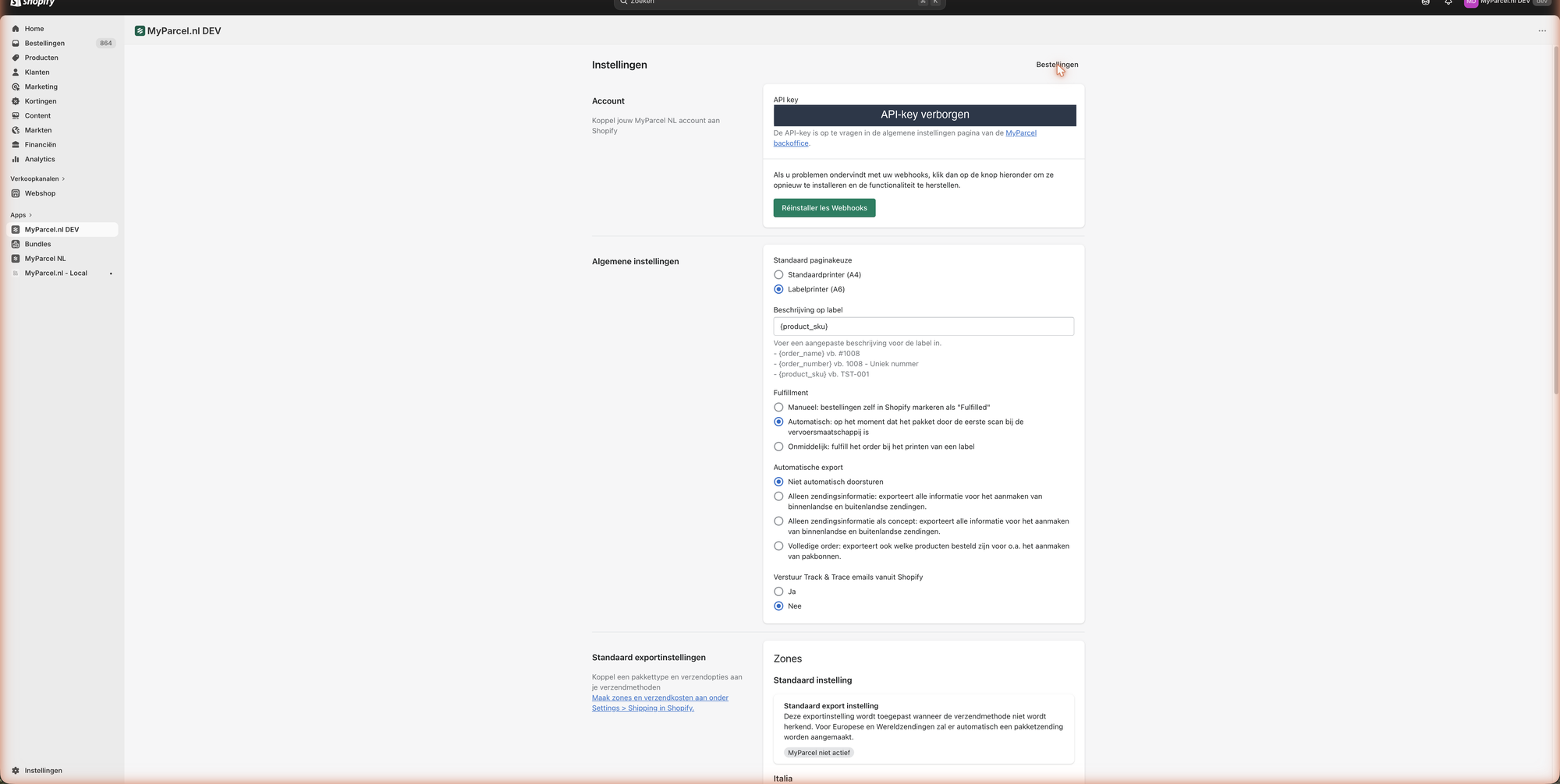 MyParcel for Shopify — Account and General settings. The API key field connects your shop to MyParcel.