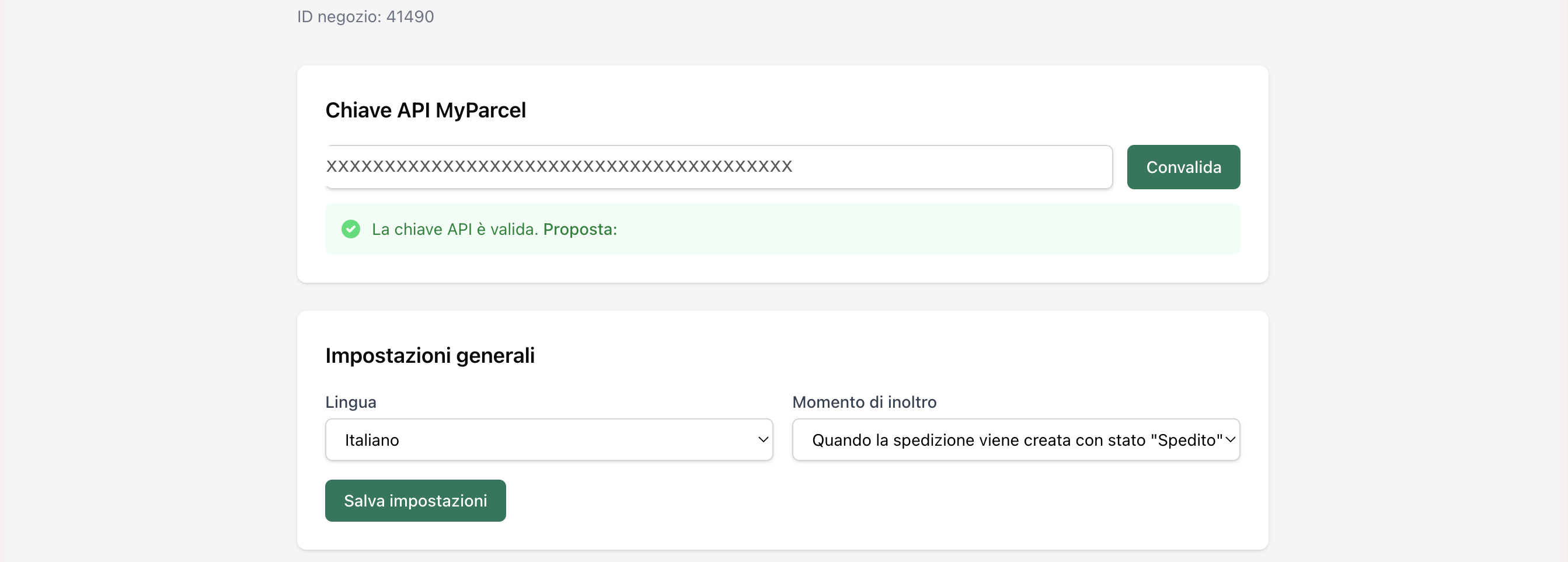 MyParcel for Lightspeed — API key and General settings. The API key field connects your shop to MyParcel.