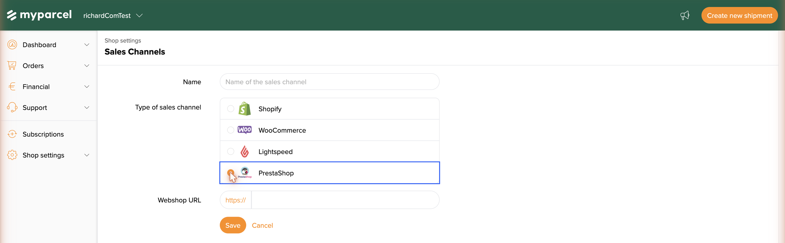 Adding a PrestaShop sales channel: choose the type and fill in your webshop URL, then Save.