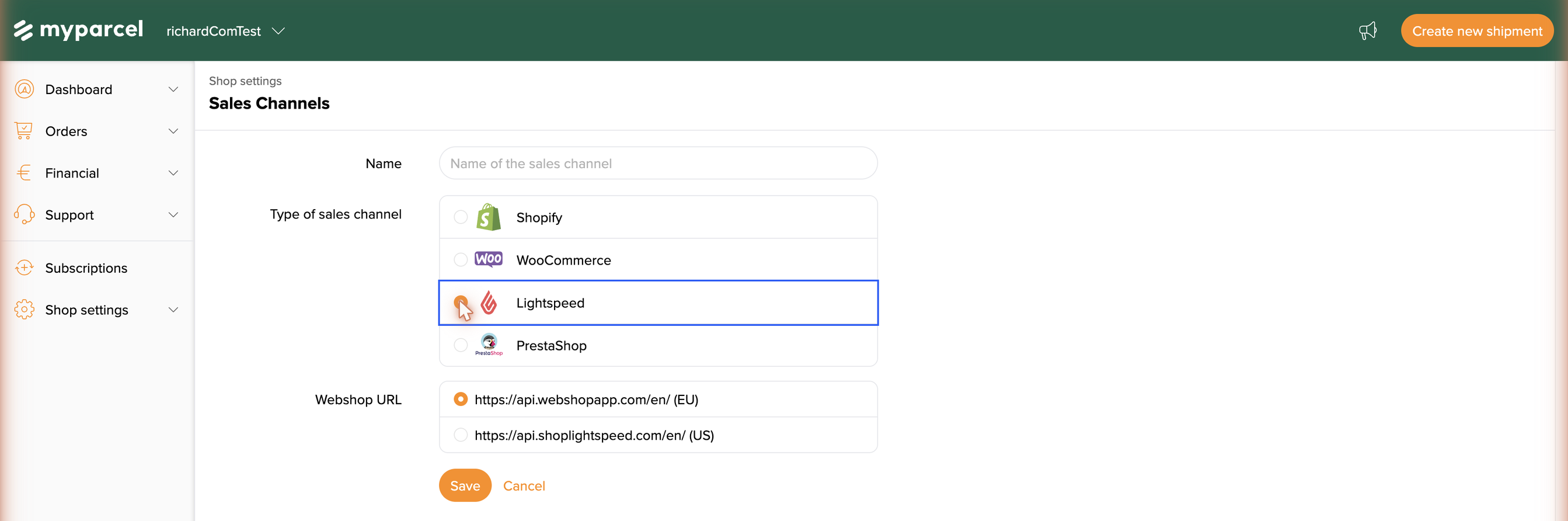 Adding a Lightspeed sales channel: choose the type and the matching Webshop URL region, then Save.