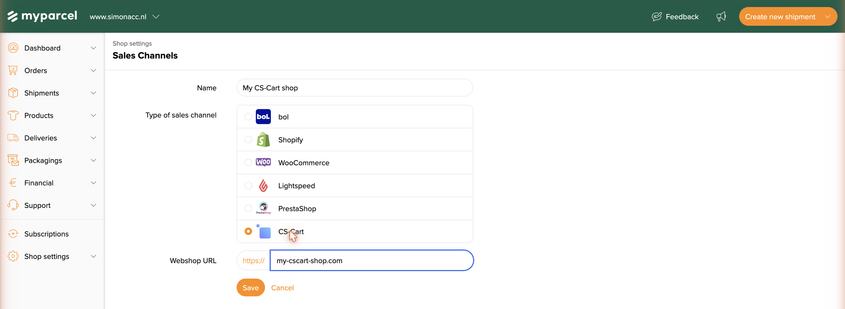 The Add sales channel form. Under Type of sales channel, choose CS-Cart; a Webshop URL field then appears.