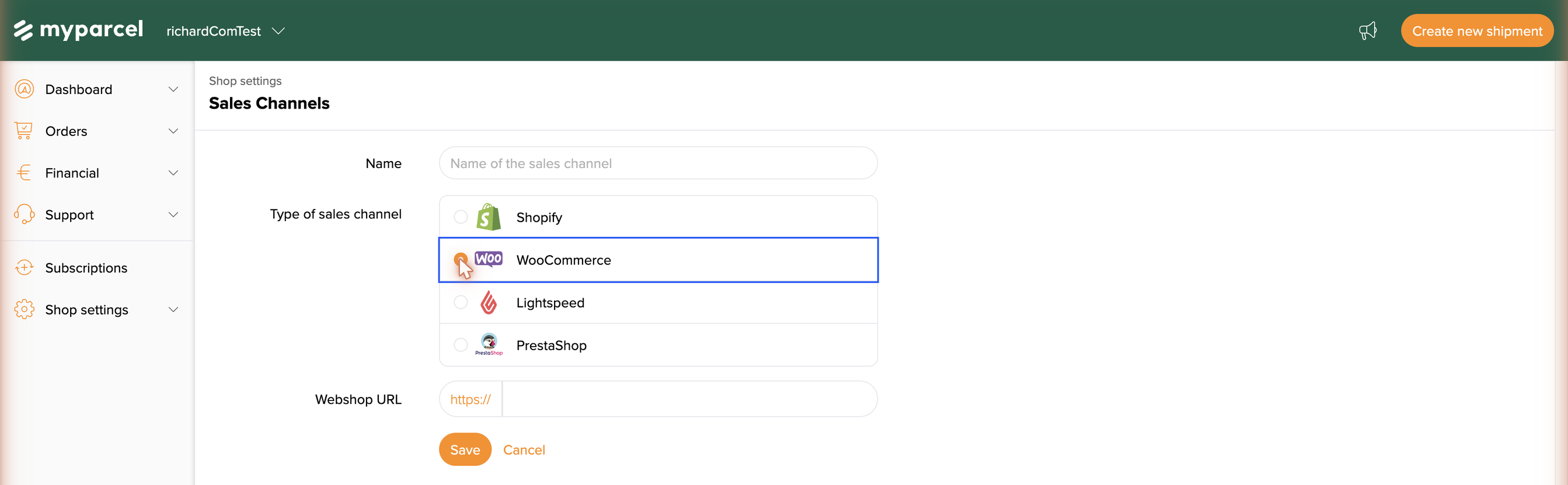 Adding a WooCommerce sales channel: choose the type and fill in your webshop URL, then Save.