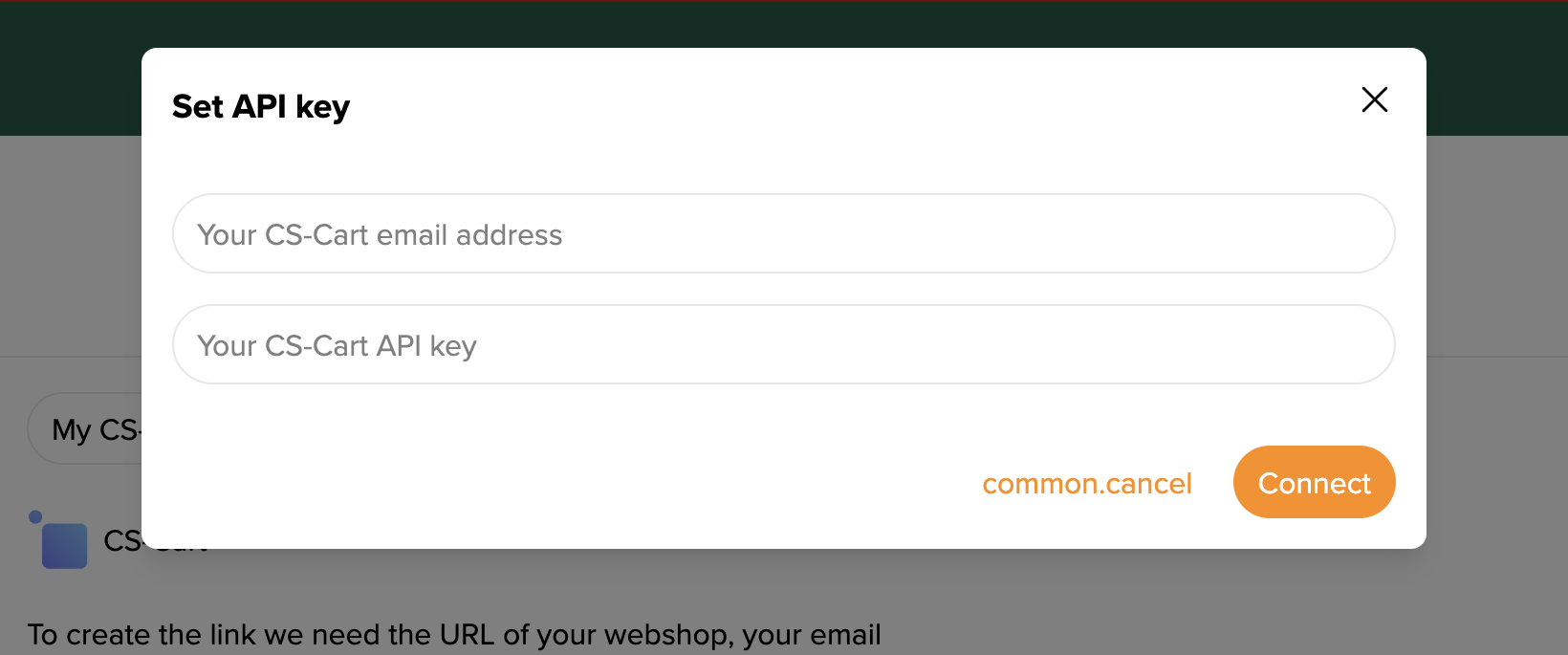 The Set API key dialog, with fields for your CS-Cart email address and CS-Cart API key.