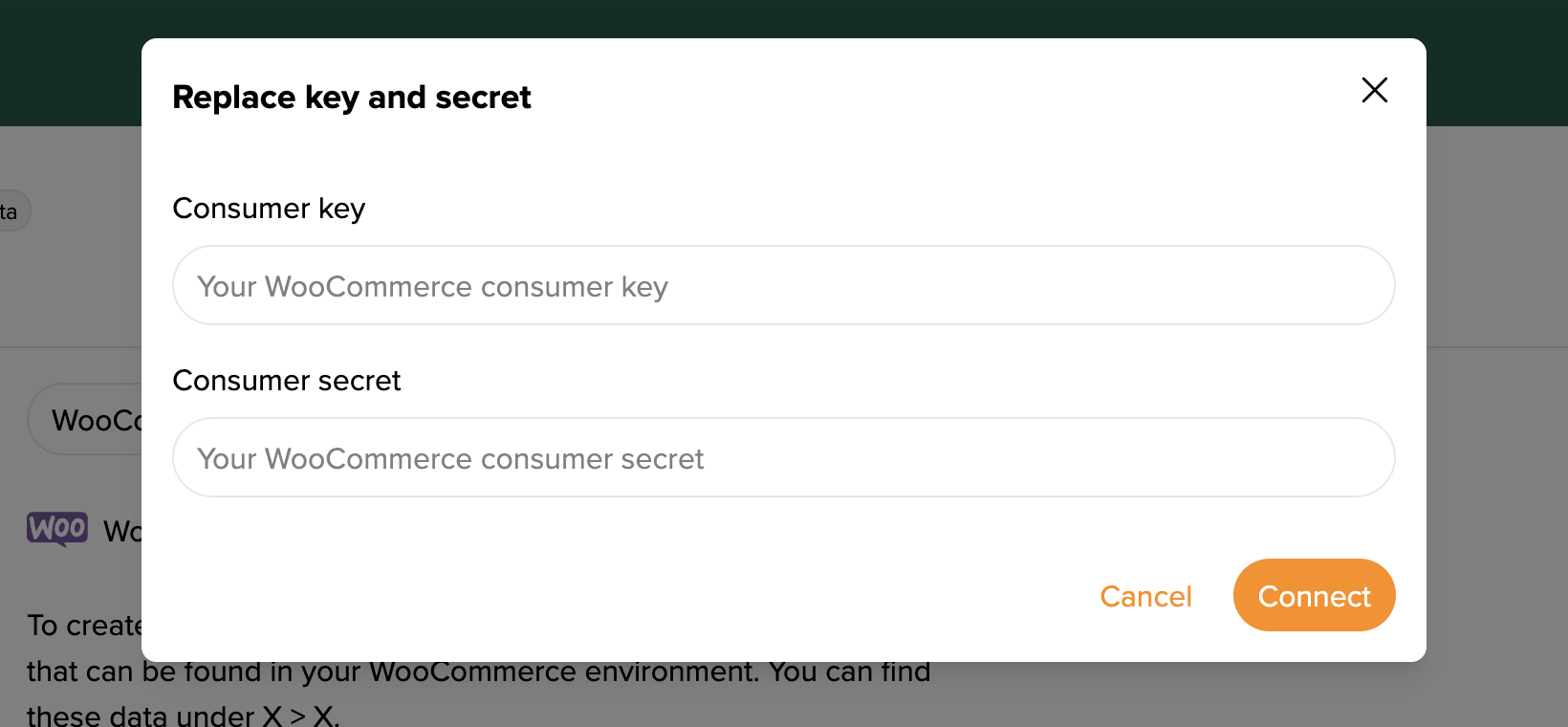 The "Replace key and secret" dialog asks for your WooCommerce Consumer key and Consumer secret.