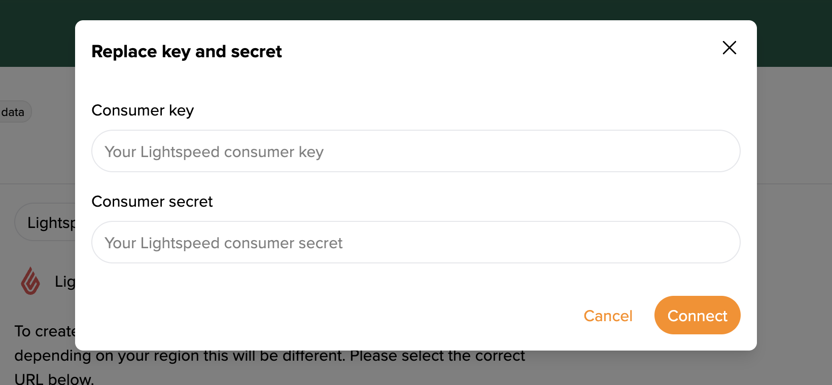 The "Replace key and secret" dialog asks for your Lightspeed Consumer key and Consumer secret.