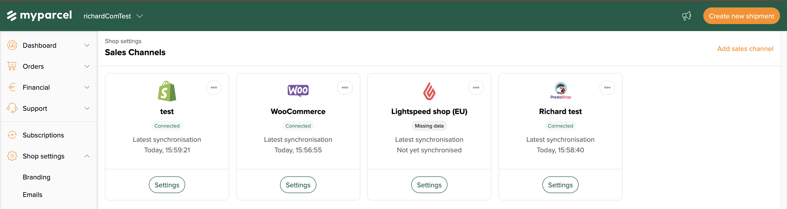 The Sales Channels overview in the MyParcel backoffice, with the Add sales channel button at the top right.
