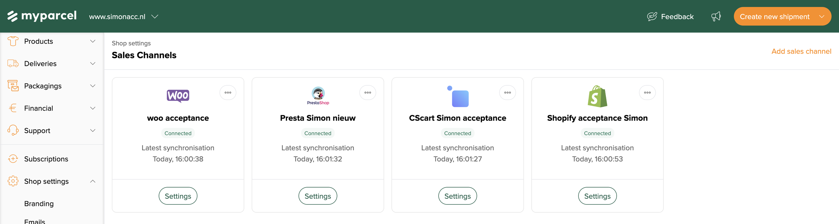 The Sales Channels overview in the MyParcel backoffice, with the Add sales channel button at the top right.