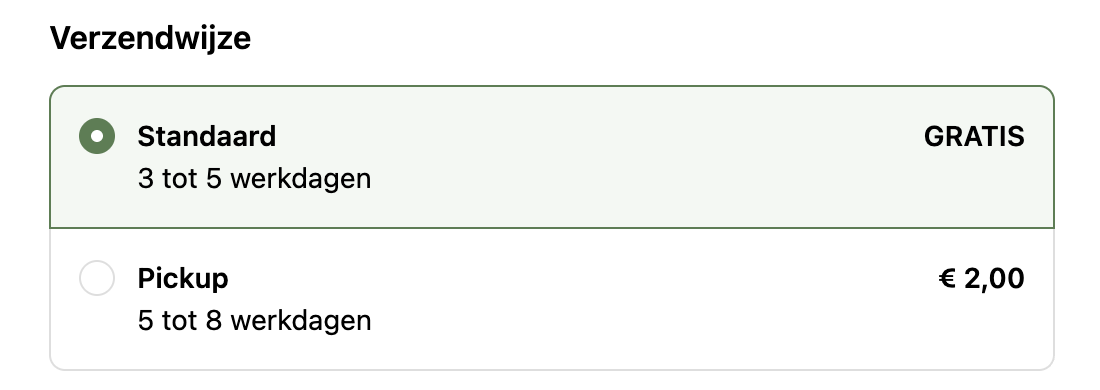 Checkout — shipping methods (Standard / Pickup) mapped from your zones.