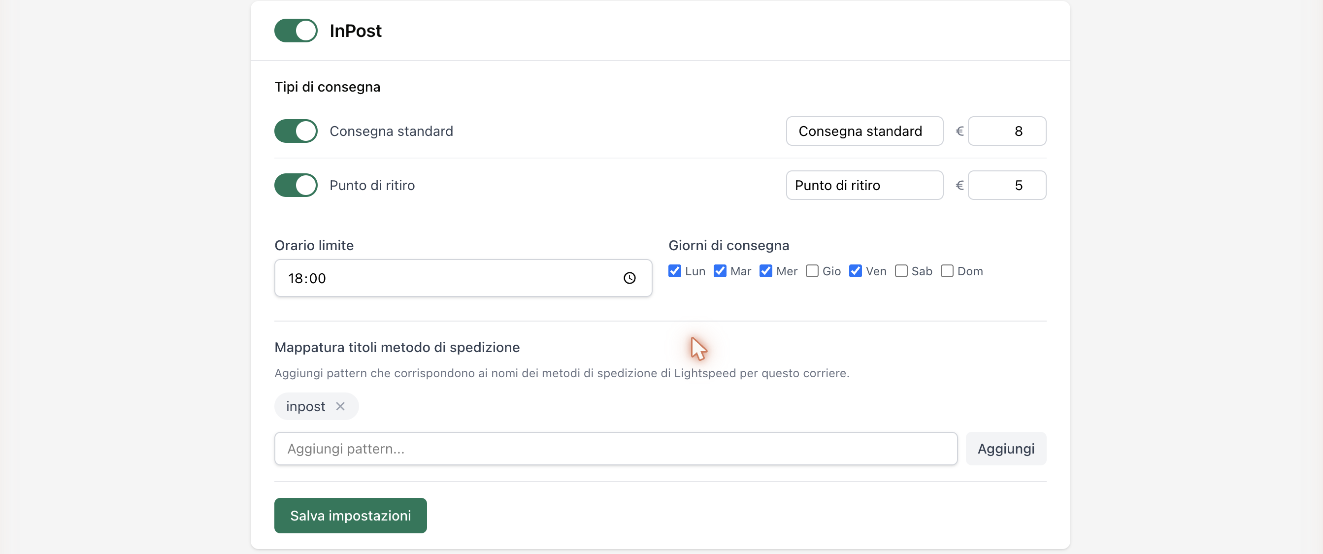 InPost settings: delivery types, cut-off time, delivery days and method title mapping.