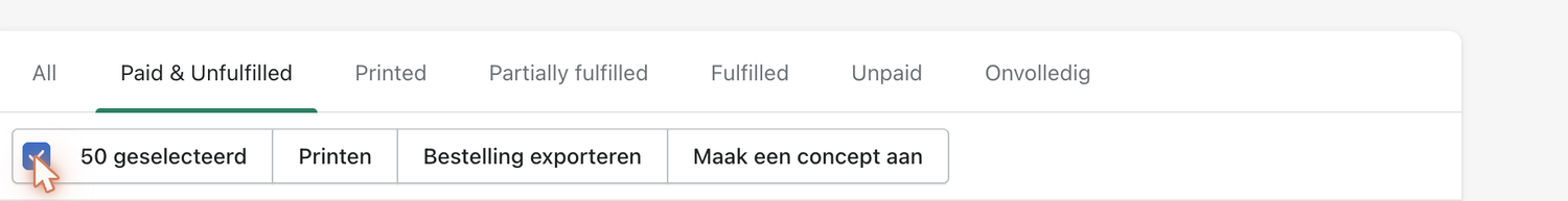 Action bar: Printen (print), Bestelling exporteren (export), Maak een concept aan (create draft).