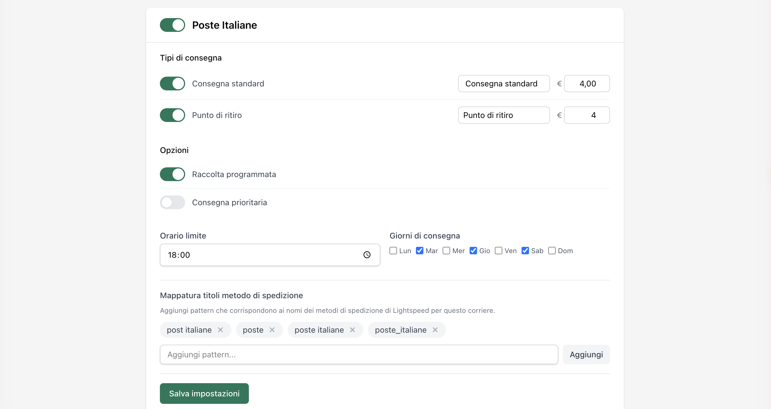 Poste Italiane settings: delivery types, extra options, cut-off time, delivery days and method title mapping.