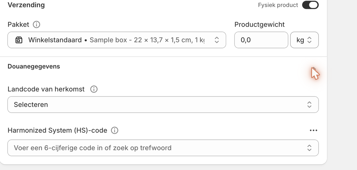 Shopify shipping fields MyParcel reads: package, product weight, country of origin, HS code.
