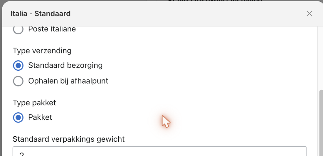 Linking a shipping method — package type and packaging weight.